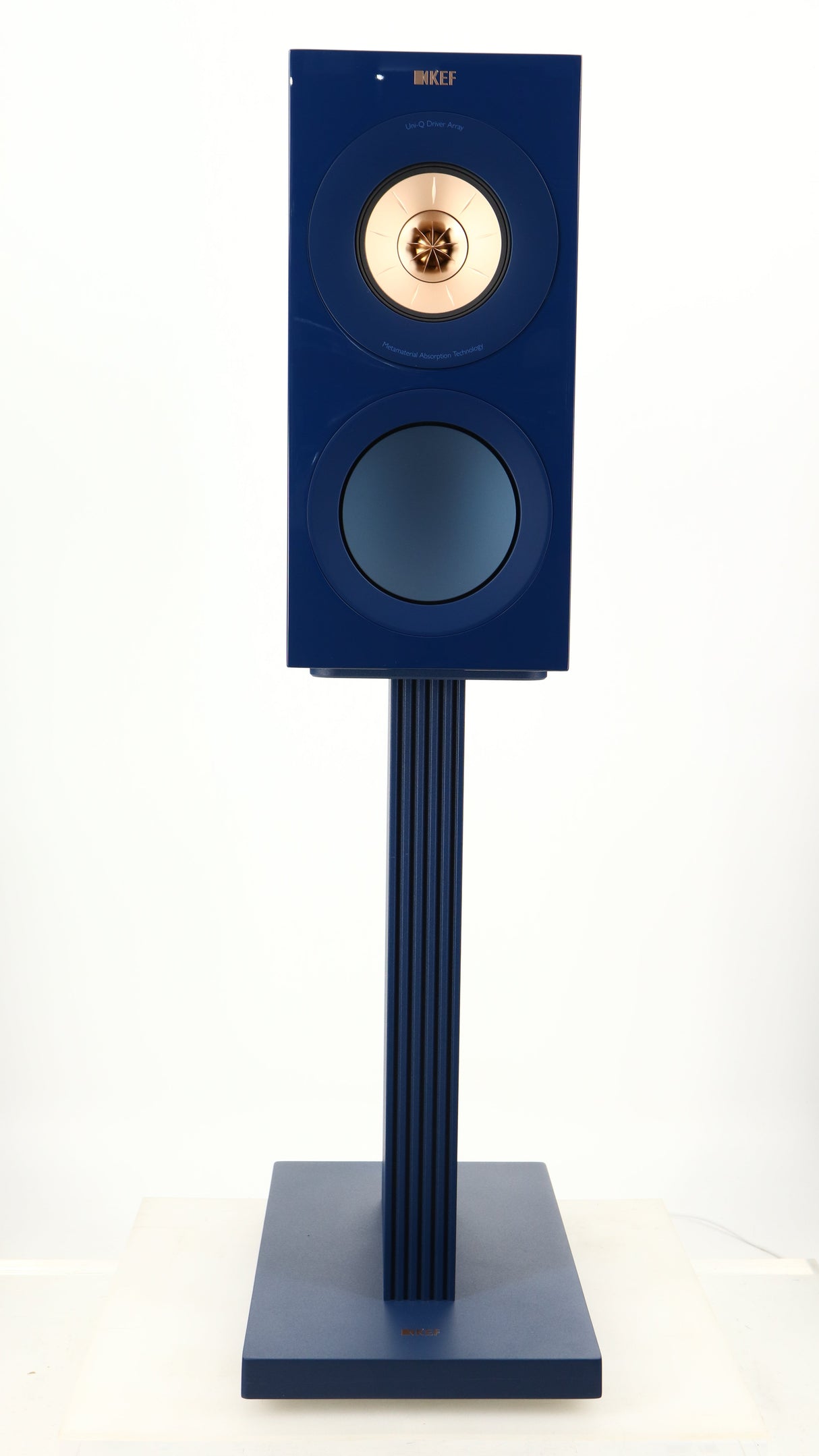 Front view of a used KEF R3 META Standmount Speaker W/ Stand in an indigo gloss finish