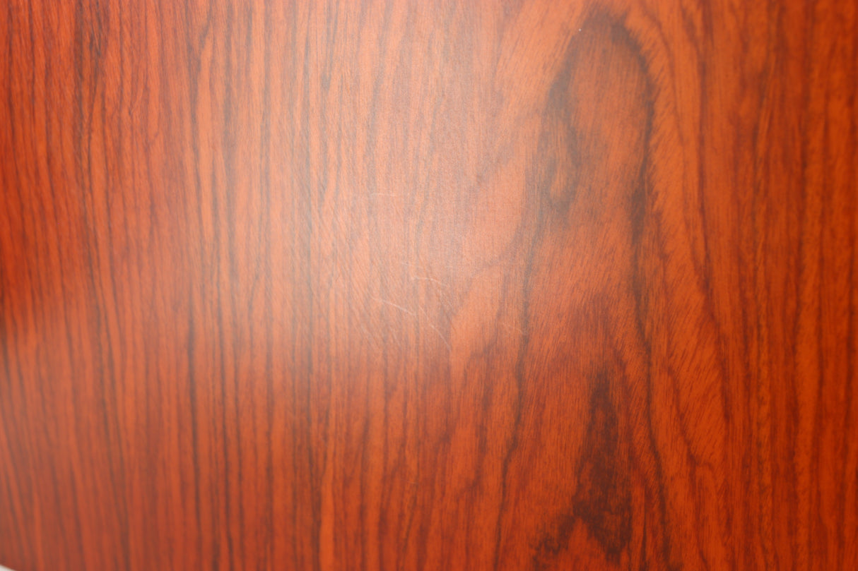 Close up of a used KEF R300 Standmount Speaker in a rosewood finish showing some light scratching on left side