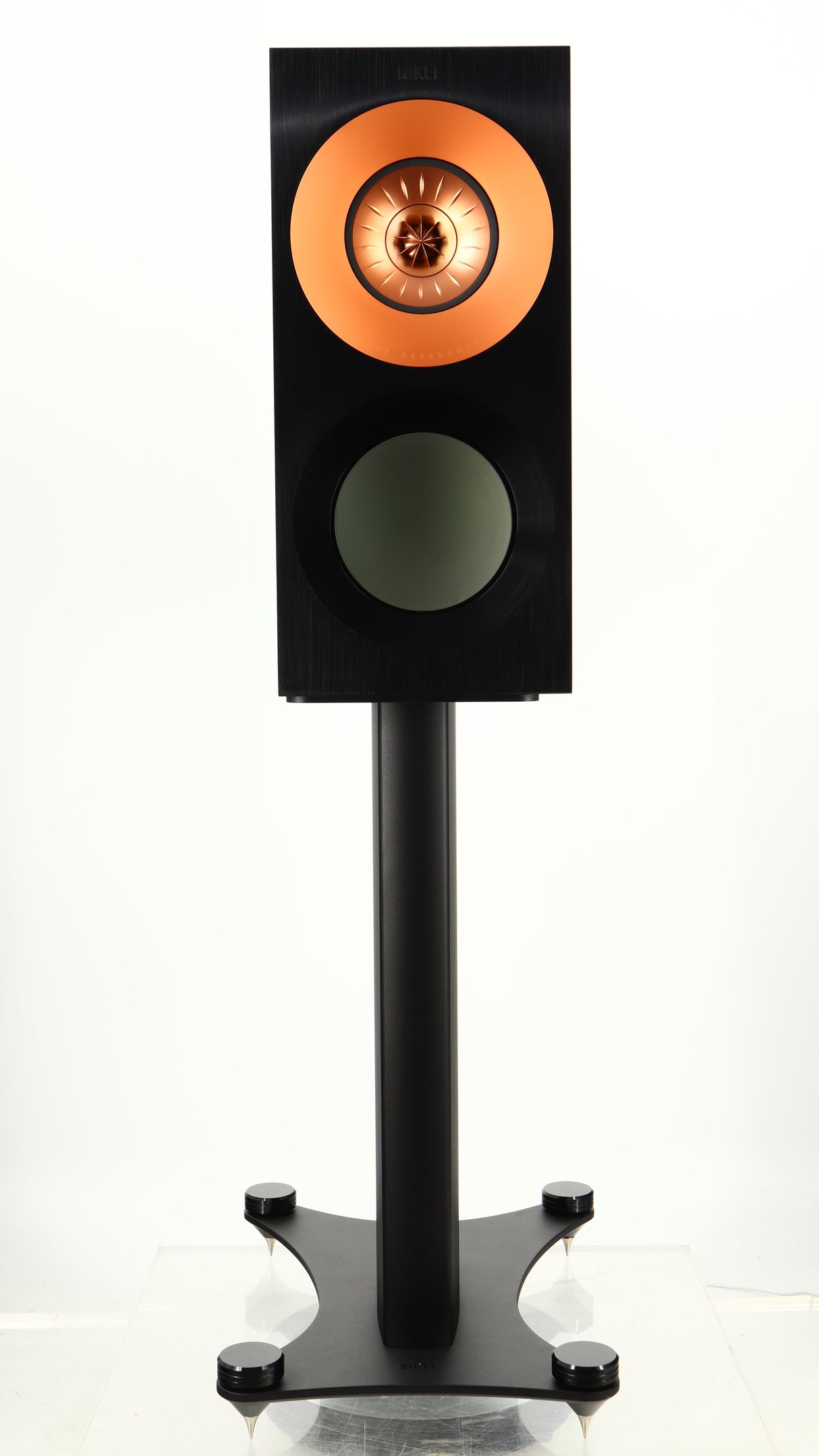 Front view of a used KEF Reference 1 Standmount Speaker W/ Stand in a copper black aluminium finish