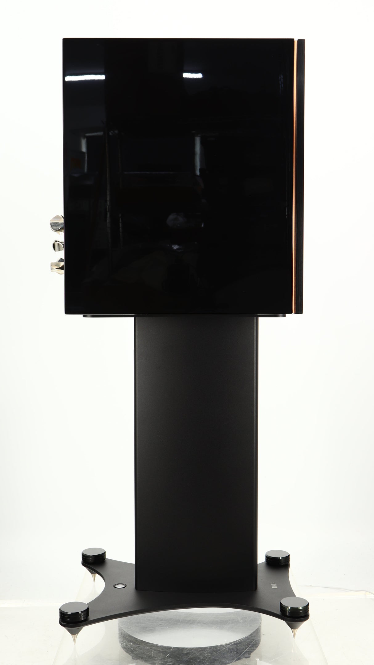 Left side view of a used KEF Reference 1 Standmount Speaker W/ Stand in a copper black aluminium finish