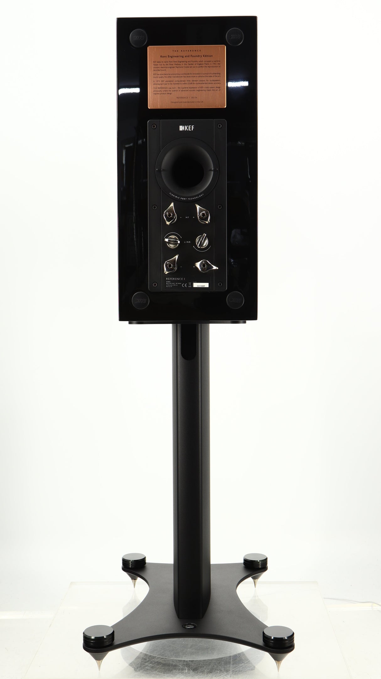 Rear view of a used KEF Reference 1 Standmount Speaker W/ Stand in a copper black aluminium finish