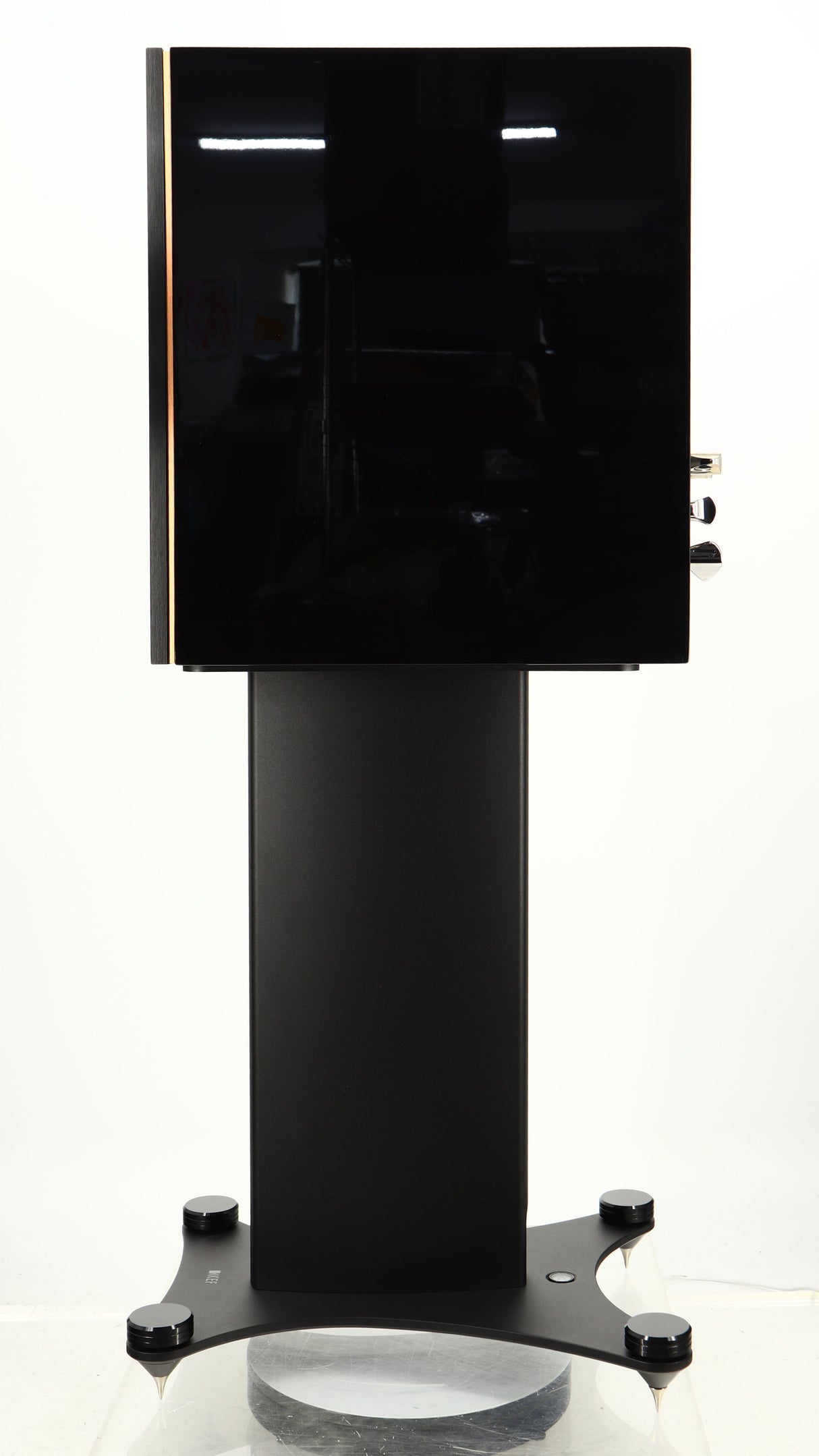 Right side view of a used KEF Reference 1 Standmount Speaker W/ Stand in a copper black aluminium finish