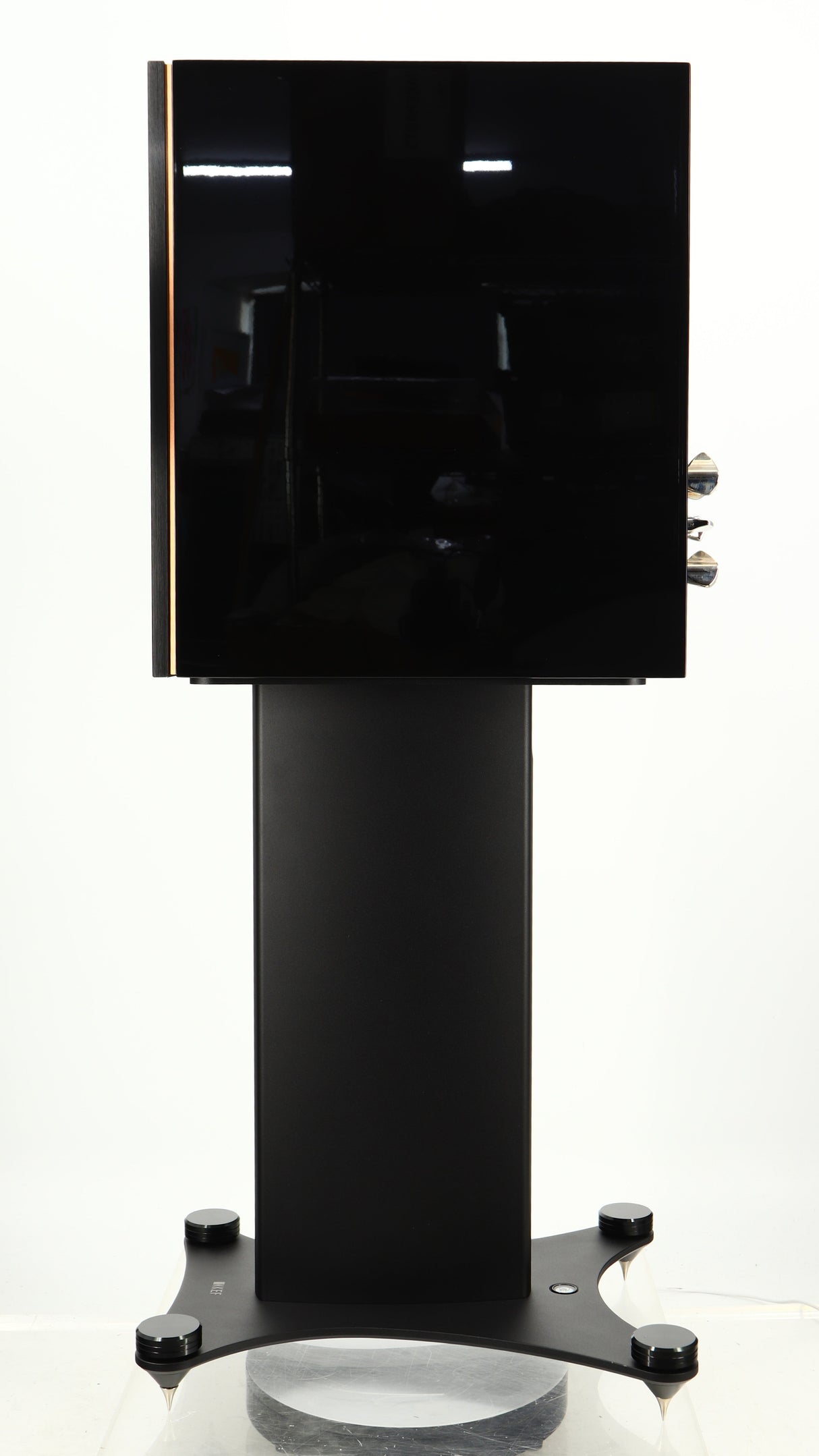 Right side view of a used KEF Reference 1 Standmount Speaker W/ Stand in a copper black aluminium finish