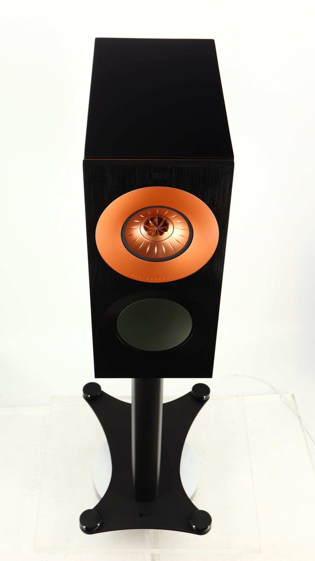 Top of a used KEF Reference 1 Standmount Speaker W/ Stand in a copper black aluminium finish