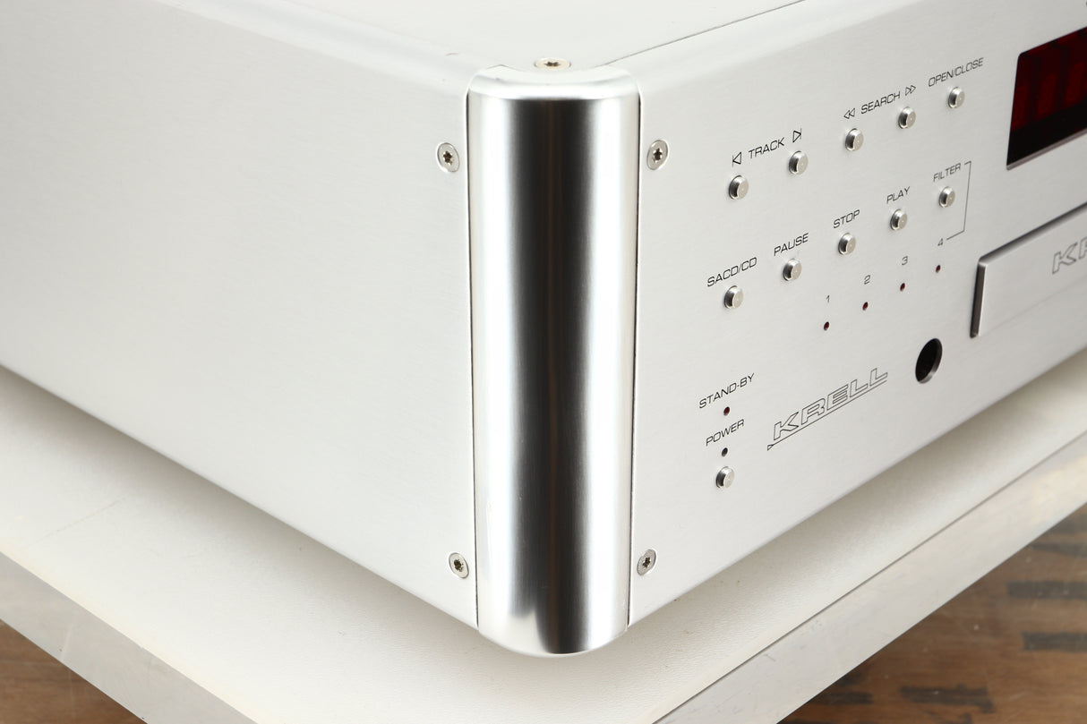 Front left corner view of a used Krell SACD Standard CD Player in Silver finish