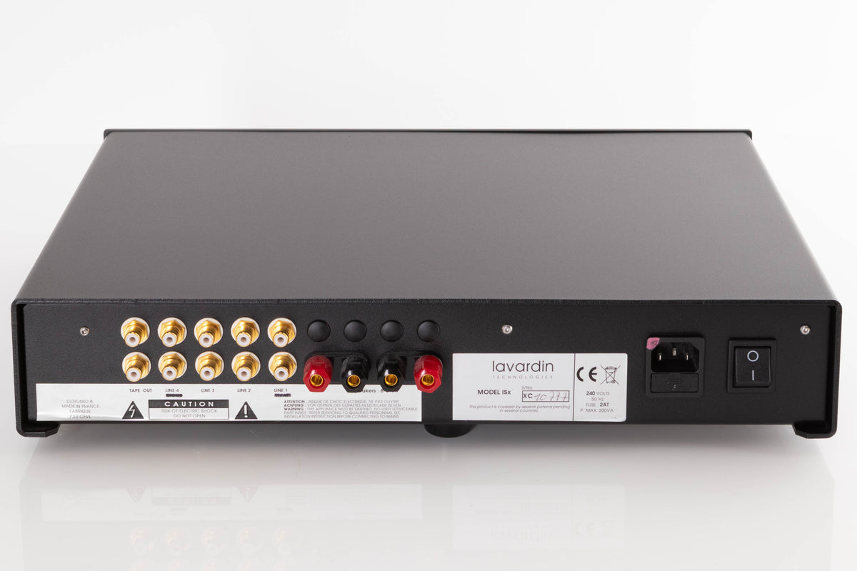 Rear view of a used Lavardin ISX Integrated Amplifier W/ Remote in a Black finish showing Mains Input, Phono Inputs and Phono Outputs