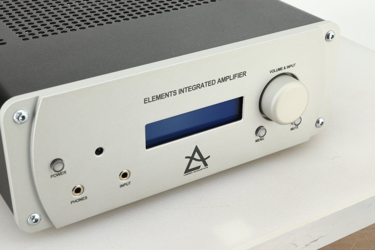 View of the fascia of a used Leema Acoustics Elements Integrated Amplifier in silver finish