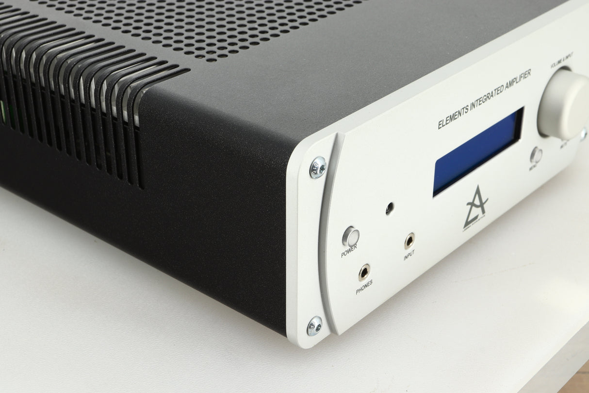 View of the front left corner of a used Leema Acoustics Elements Integrated Amplifier in silver finish