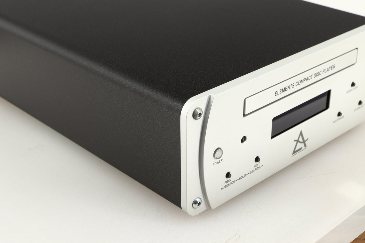 Front left corner of a used Leema Acoustics Elements CD Player in a silver finish