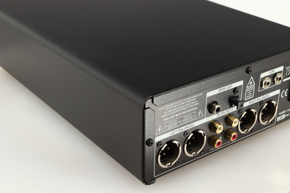 Rear right corner of a used Leema Acoustics Elements CD Player in a silver finish