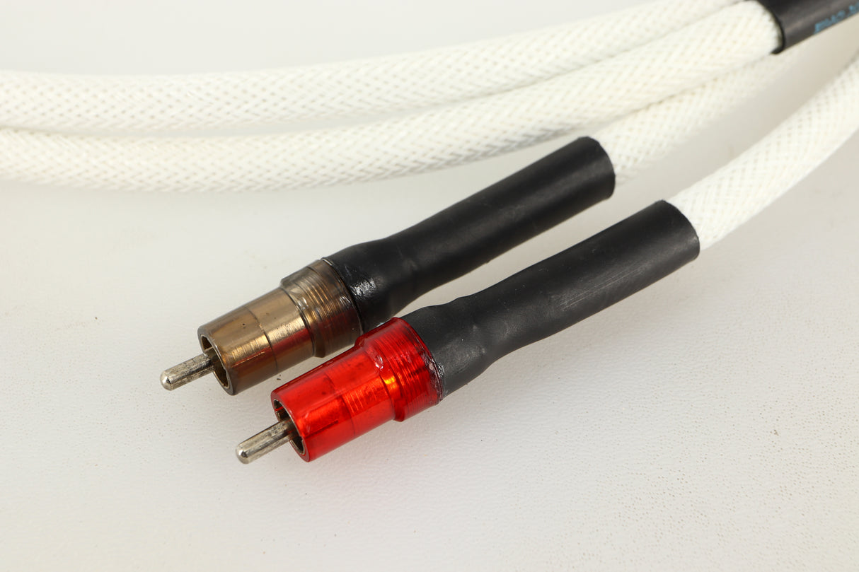 Close up of a used Leema Linx RCA-RCA Interconnect Cables 1.0m Pair showing connectors
