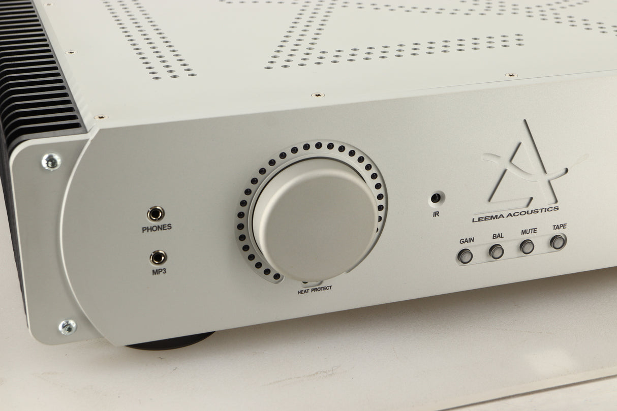 Close up view of a used Leema Tucana II Integrated Amplifier in Silver finish