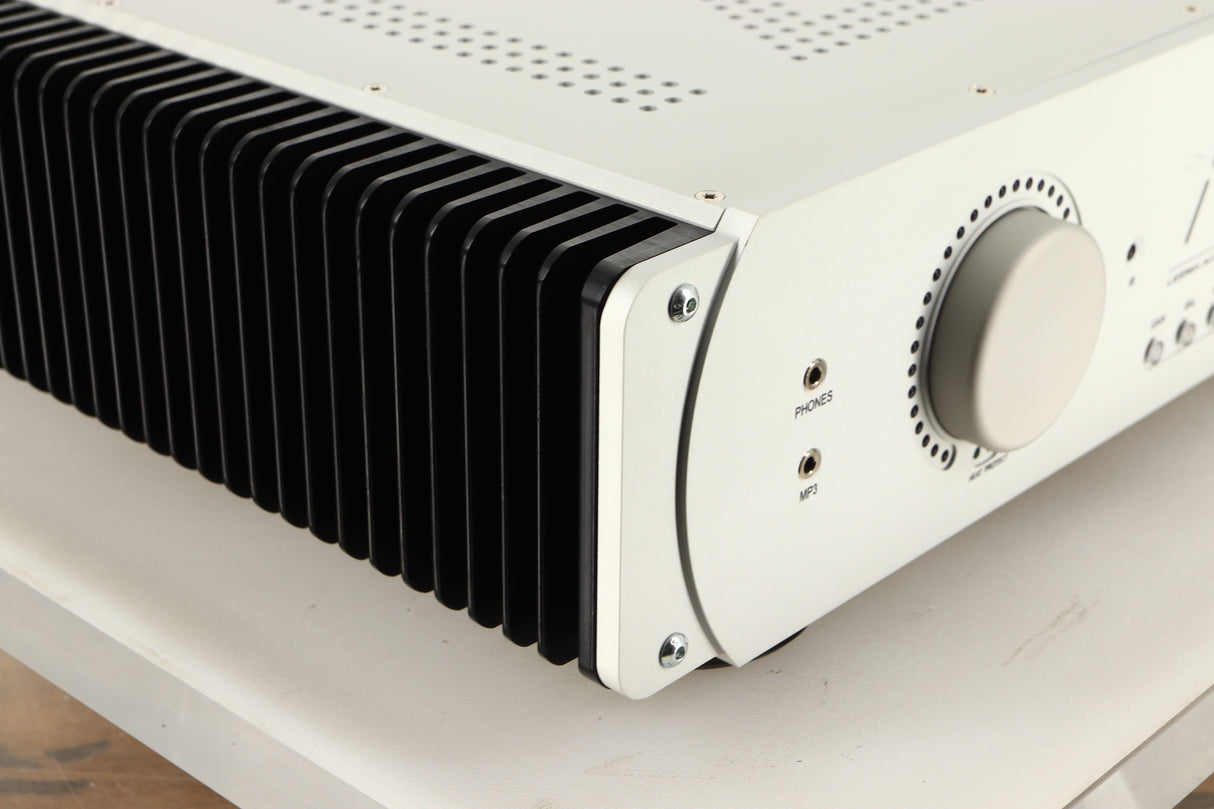 Front left corner view of a used Leema Tucana II Integrated Amplifier in Silver finish