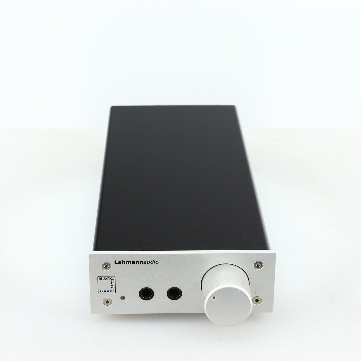 Front view of a used Lehmann Black Cube Linear Headphone Amplifier in a silver finish