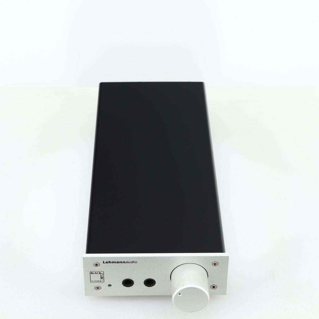 Top of a used Lehmann Black Cube Linear Headphone Amplifier in a silver finish