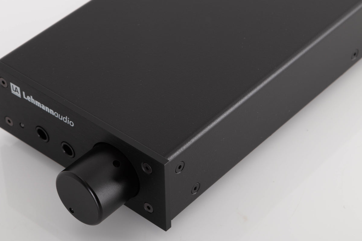 Front right corner of a used Lehmann Linear Headphone Amplifier in a Black finish