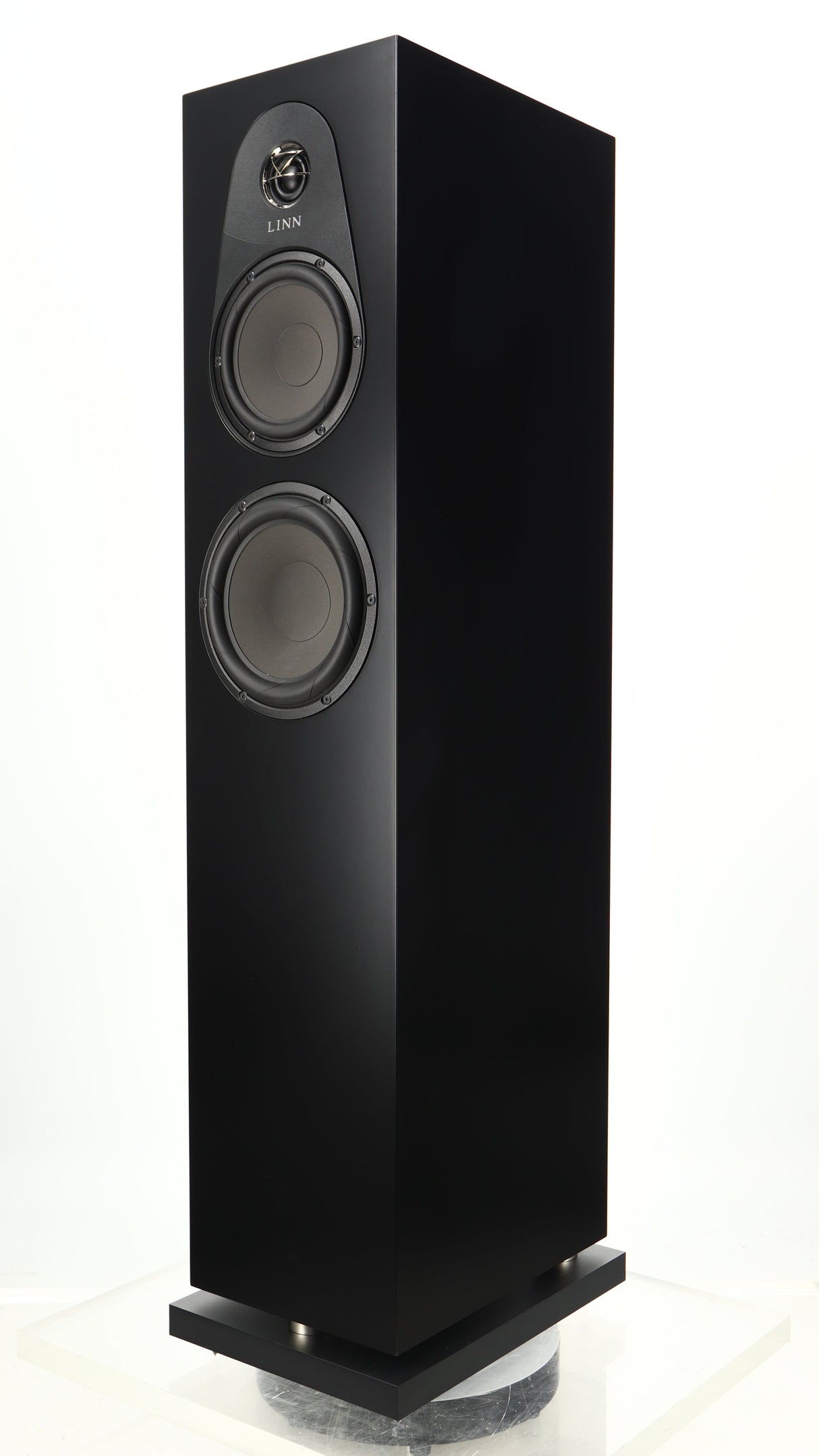 Front right corner of a used Linn 150 Floorstanding Speaker W/ Upgraded Bases in a black finish