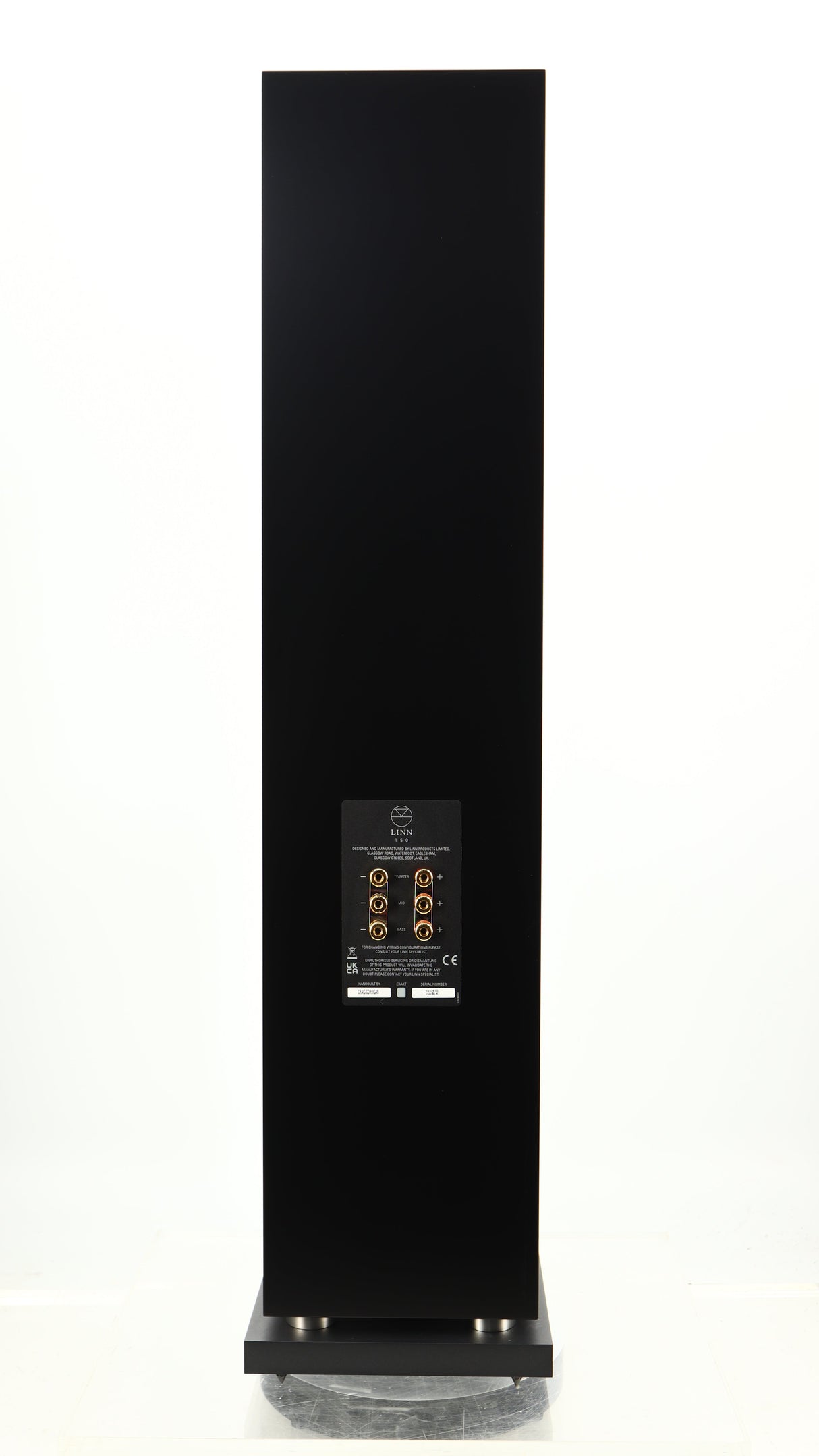Rear view of a used Linn 150 Floorstanding Speaker W/ Upgraded Bases in a black finish