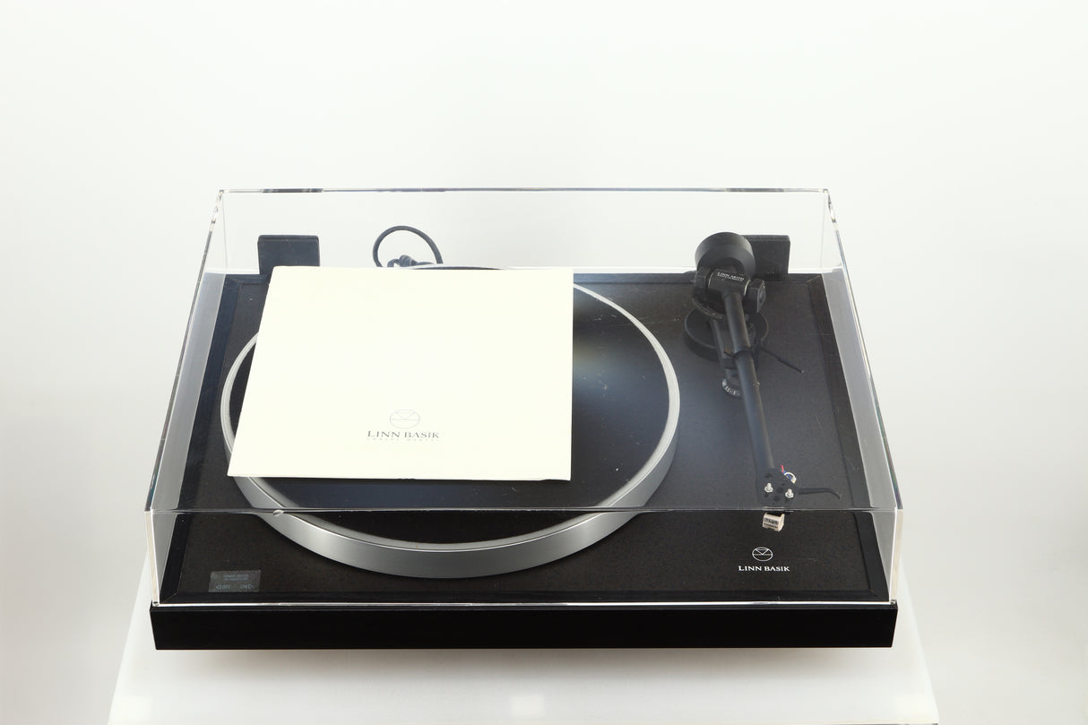 Top of a used Linn Basik Turntable / Akito Tonearm in a black finish showing Manual