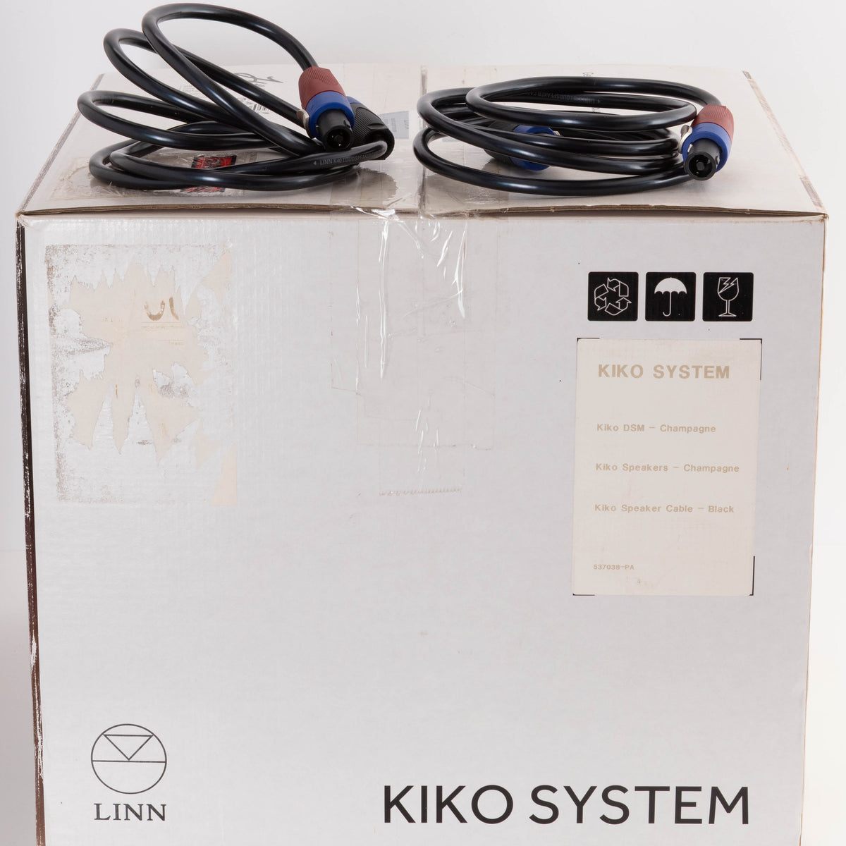 Box for a used Linn Kiko Digital Streaming System in a Champagne finish showing Hi-Level Cables