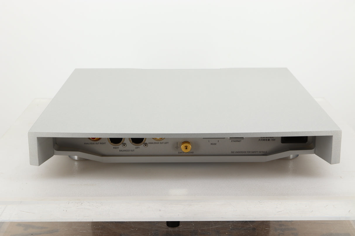 Rear view of a used Linn Klimax DS1 Network Player in Silver finish showing RCA, balanced XLR outputs, ethernet and mains input