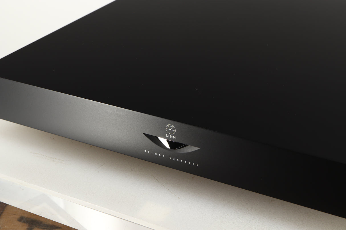 Close up of a used Linn Klimax Exaktbox W/ Organic DAC in a black finish showing light mark on fascia