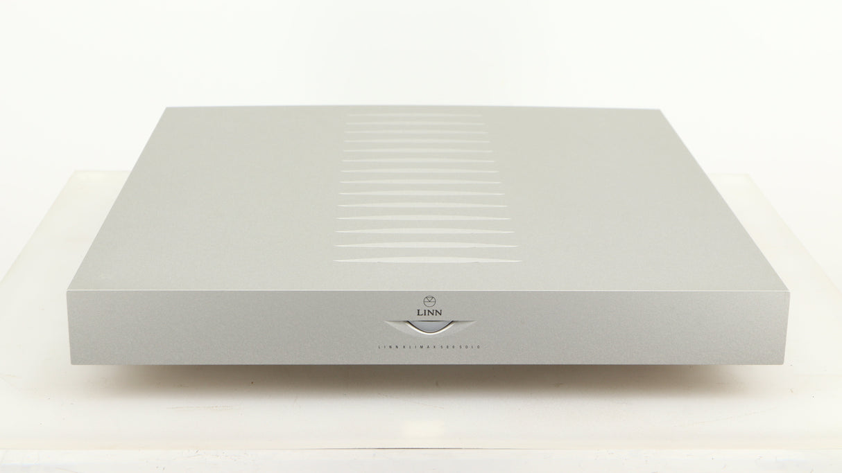 Front view of a used Linn Klimax Solo 500 Power Amplifier in a silver finish