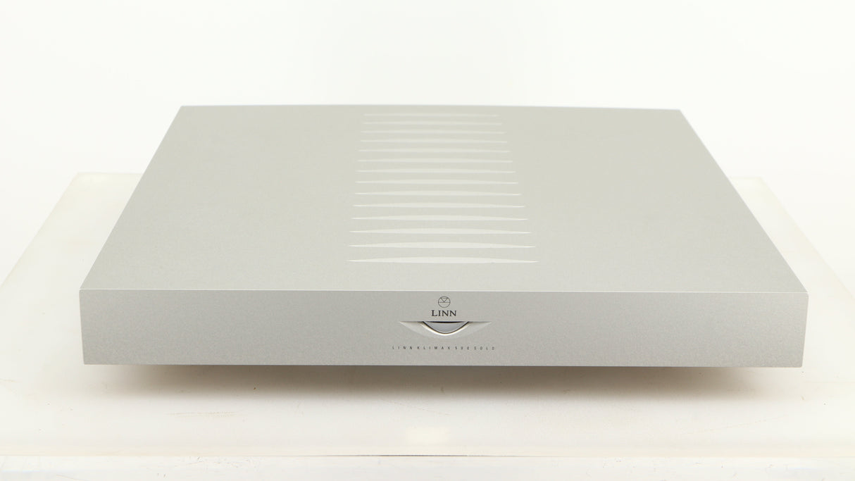 Front view of a used Linn Klimax Solo 500 Power Amplifier in a silver finish