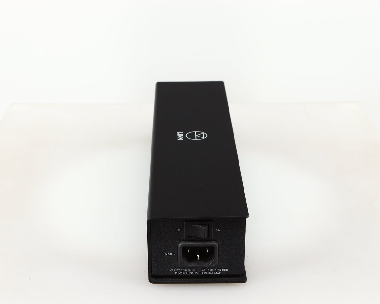 Left side view of a used Linn Lingo 4 Turntable Power Supply in a black finish showing Mains Input