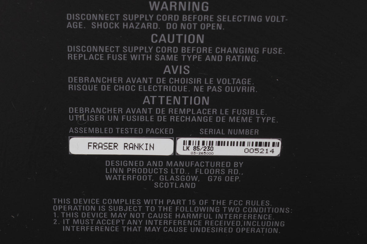 Close up of a used Linn LK85 Power Amplifier in a Black finish showing serial number