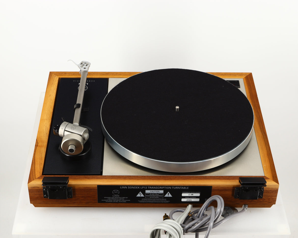 Rear view of a used Linn LP12 Akurate Turntable / Ekos SE Tonearm / Krystal Cartridge in a walnut finish