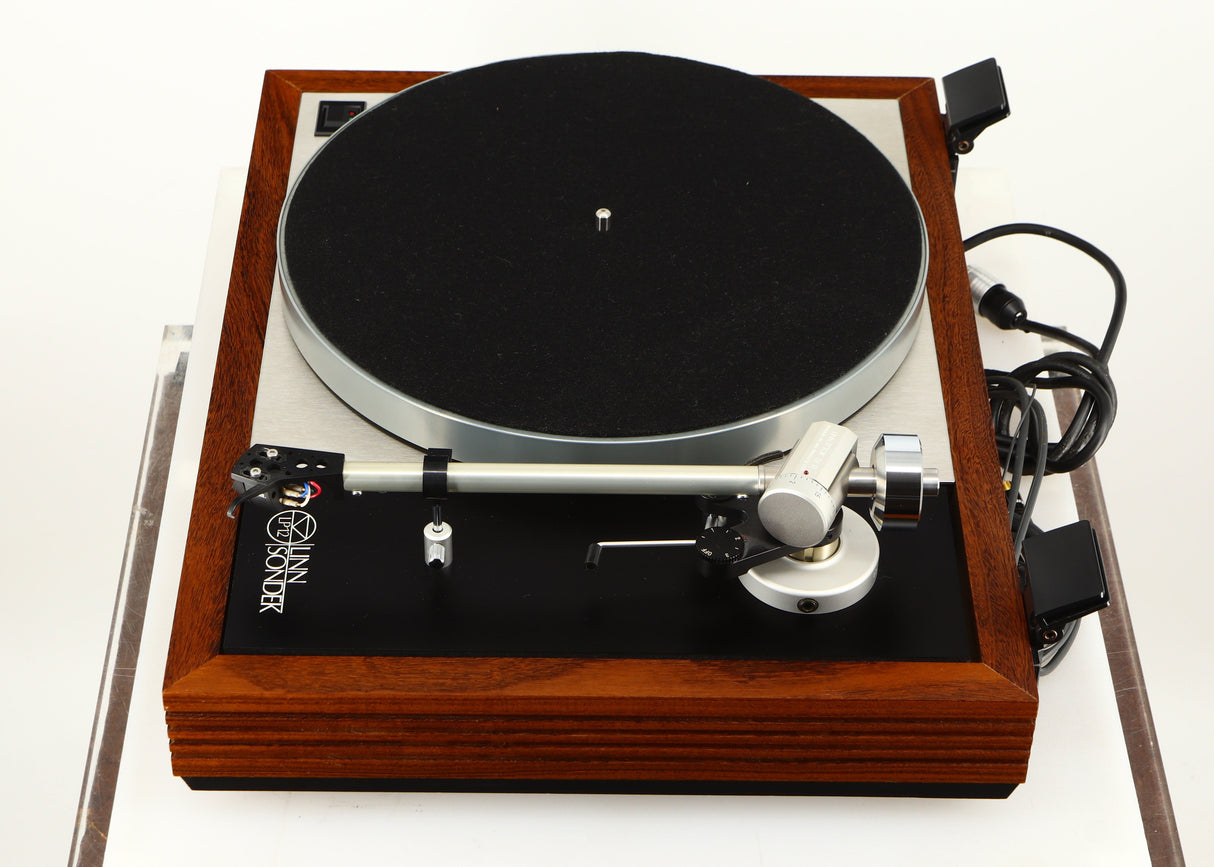 Right side view of a used Linn LP12 / Ittok Tonearm / Adikt Cartridge in an afromosia finish