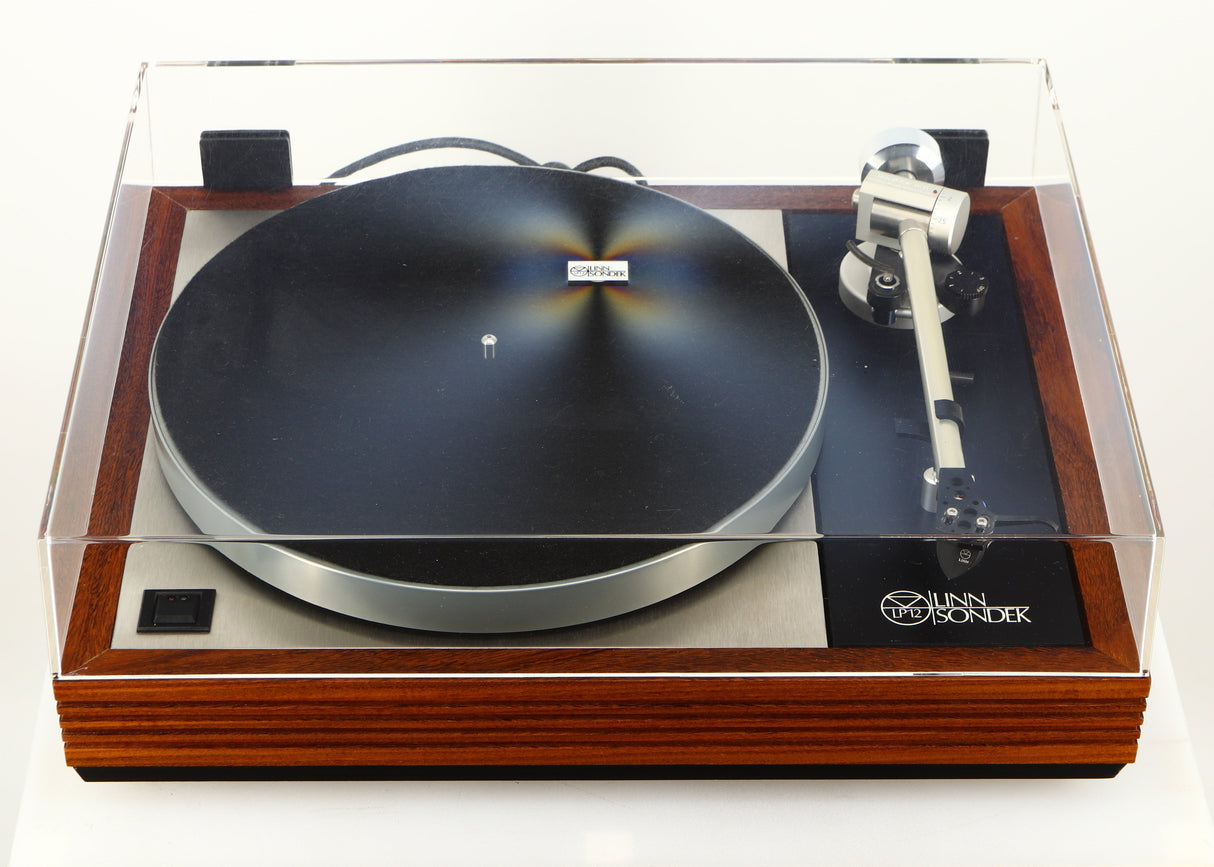 Front view of a used Linn LP12 / Ittok Tonearm / Adikt Cartridge in an afromosia finish showing Lid