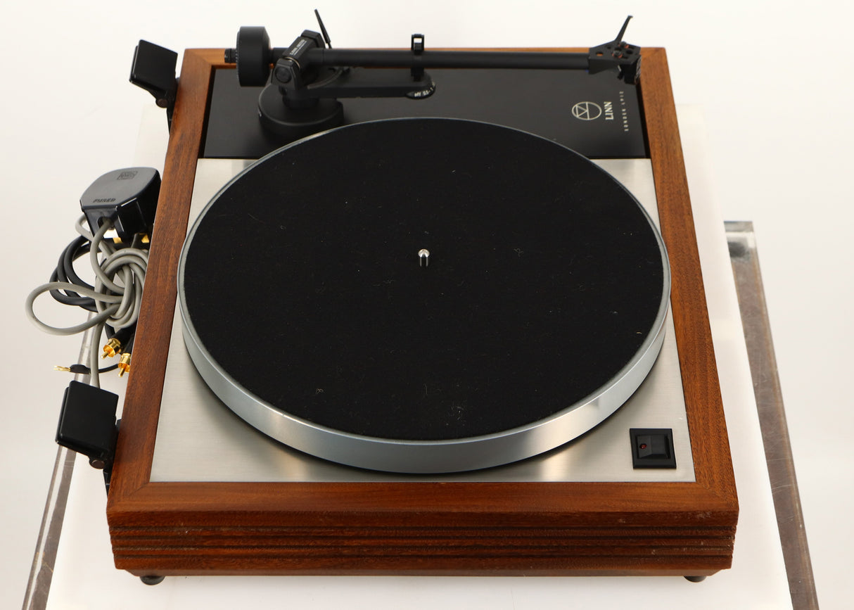 Left side view of a used Linn LP12 Turntable / Akito Tonearm / Grado Prestige Blue Cartridge in an afromosia finish