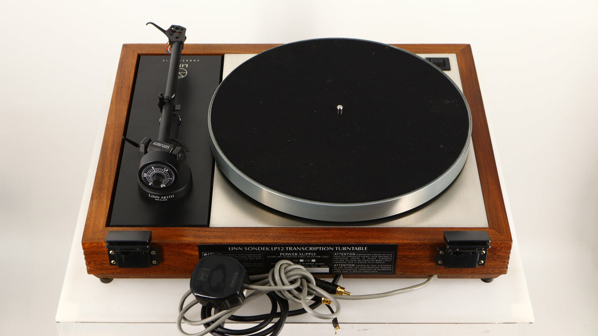 Rear view of a used Linn LP12 Turntable / Akito Tonearm / Grado Prestige Blue Cartridge in an afromosia finish