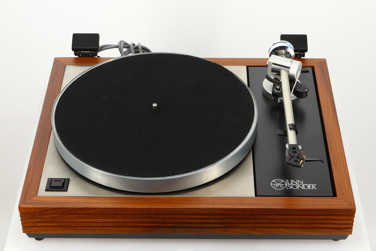 Front view of a used Linn LP12 Turntable / Ittok Tonearm / Hercules Power Supply in a afromosia finish