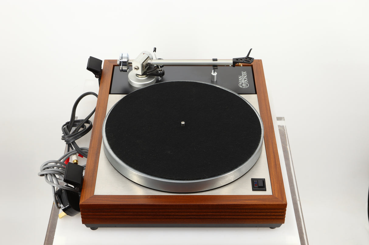 Left side view of a used Linn LP12 Turntable / Ittok Tonearm / Hercules Power Supply in a afromosia finish