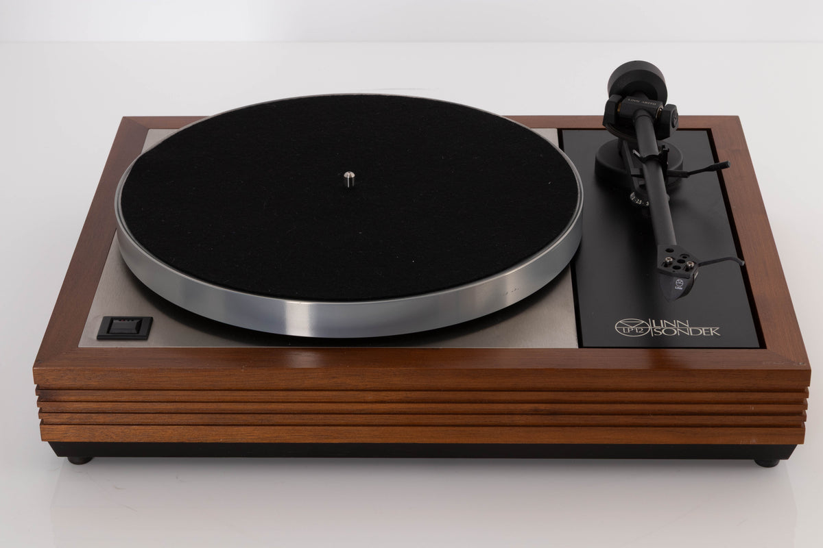 Top view of a used Linn LP12 Turntable in Afromosia with Akito Tonearm and Adikt Cartridge