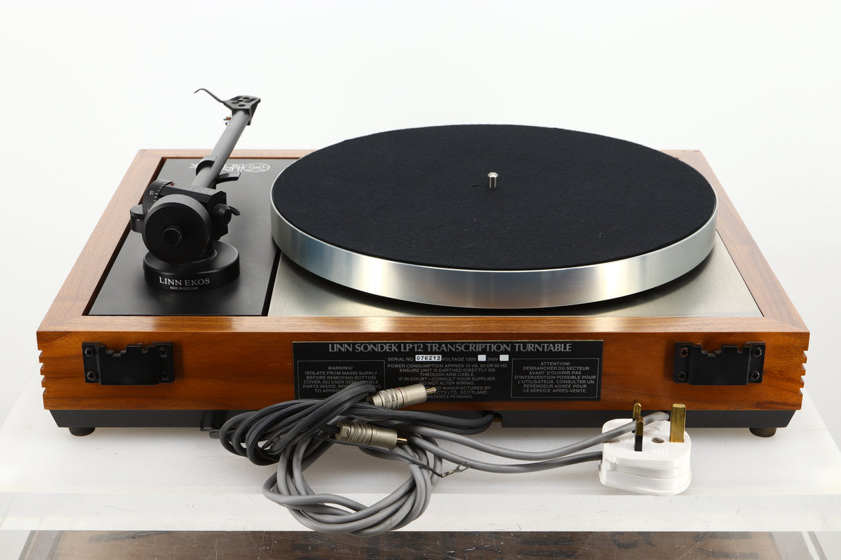 Rear view of a used Linn LP12 Turntable in Afromosia finish fitted with a Valhalla power supply board, and an Ekos tonearm