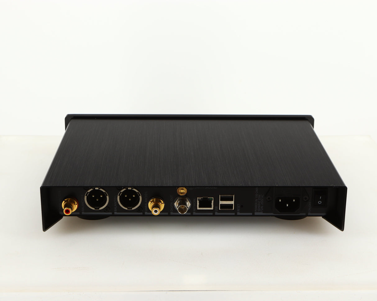 Rear view of a used Lumin D2 Network Streamer in a black finish showing USB Input, Mains Input and Network Input
