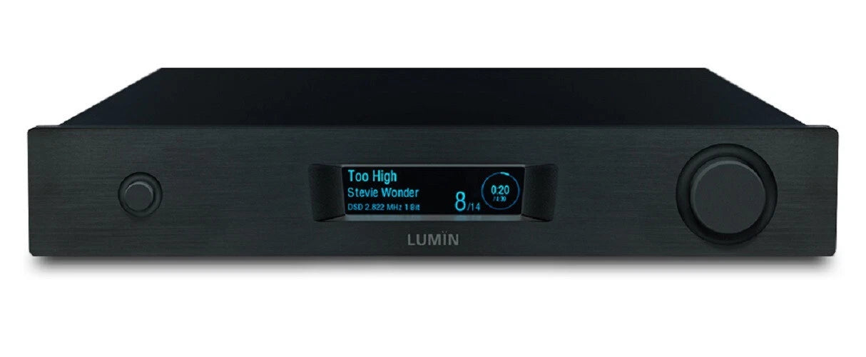 Front view of a Lumin M1 Network Streaming Amplifier in a black finish