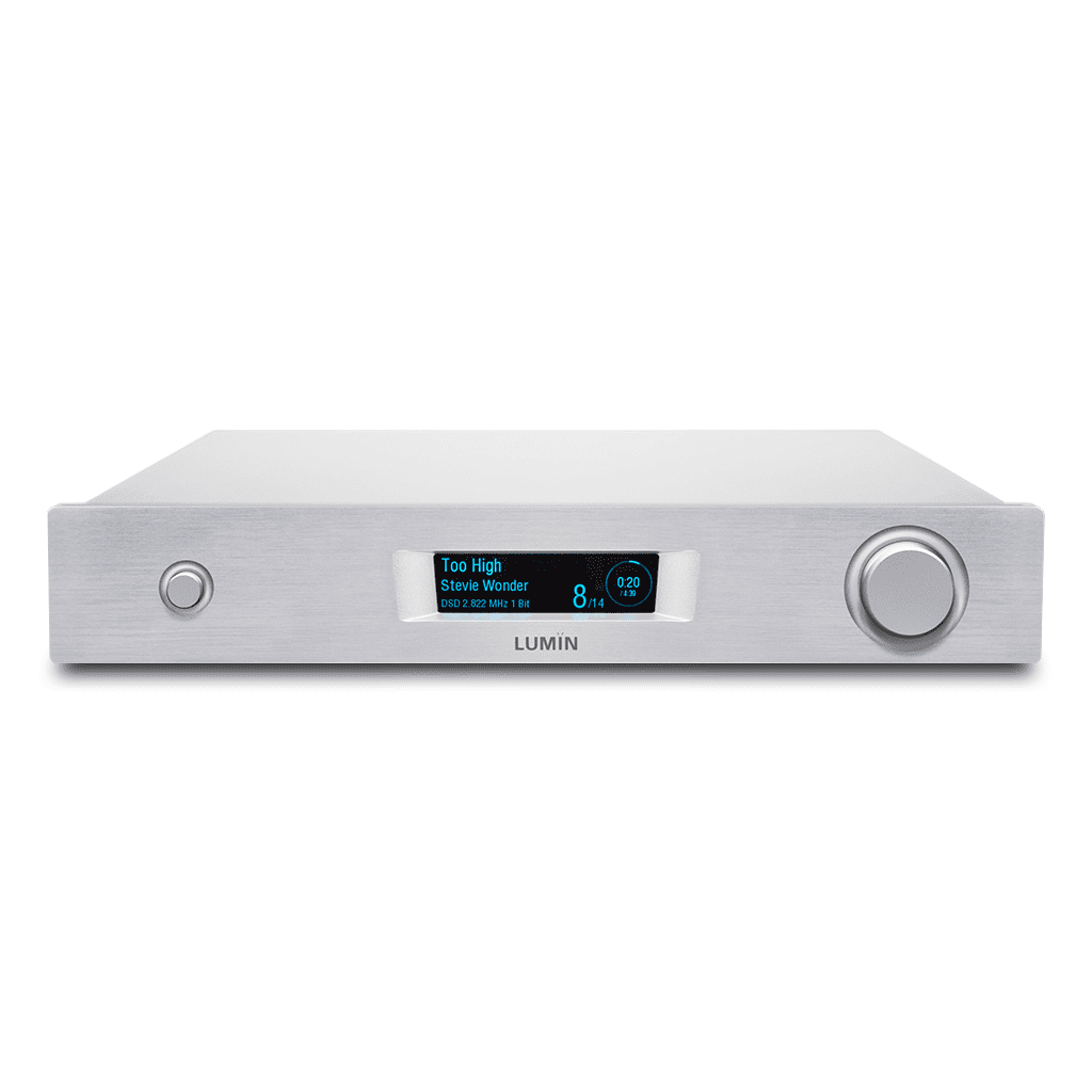 Front view of a Lumin P1 Network Streaming Amplifier in a silver finish
