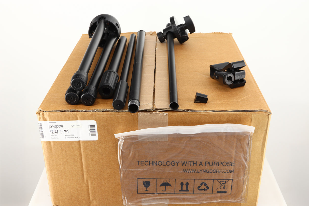 Box for a used Lyngdorf TDAI-1120 Integrated Streaming System showing Mic Stand