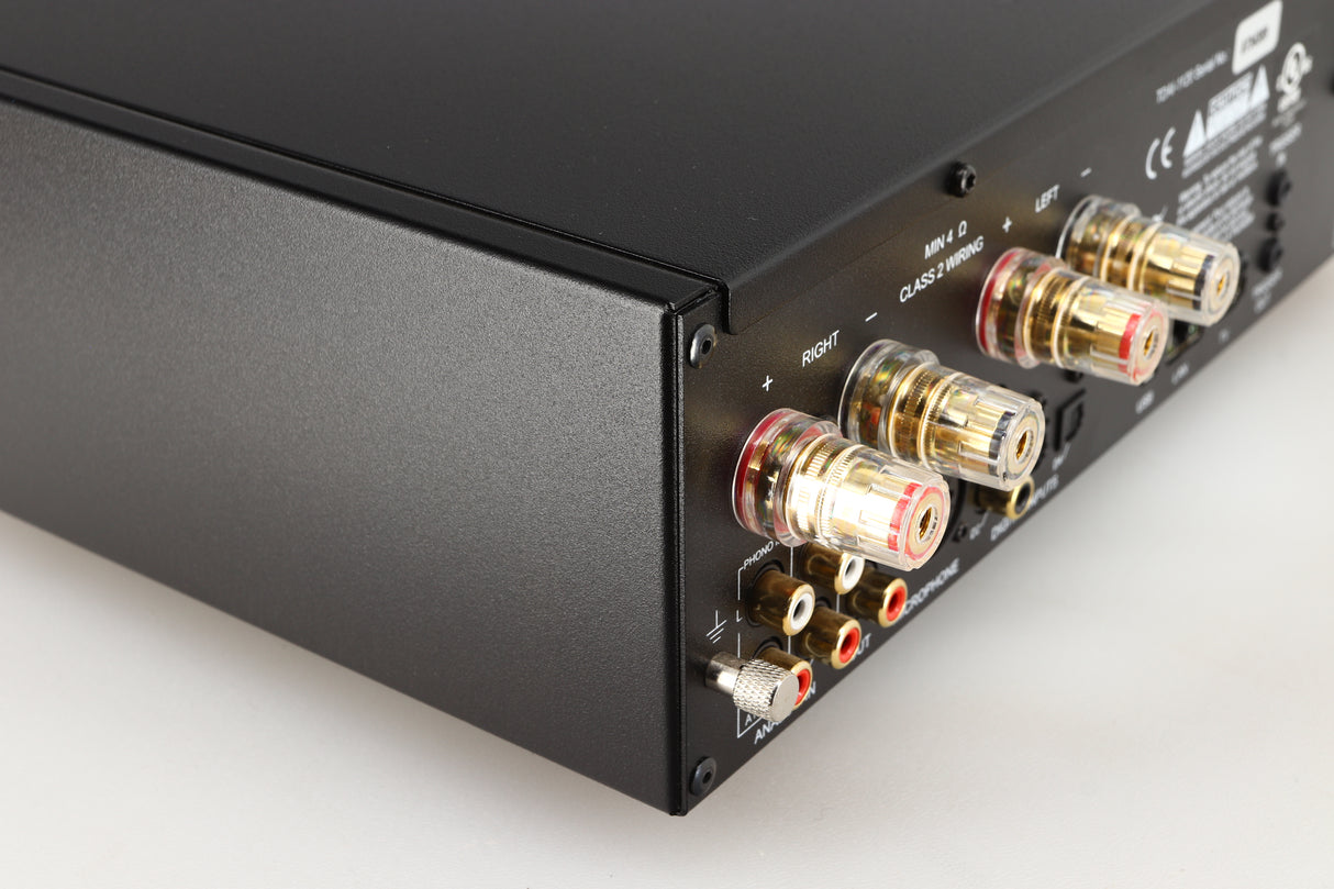 Rear right corner of a used Lyngdorf TDAI-1120 Integrated Streaming System in a black finish