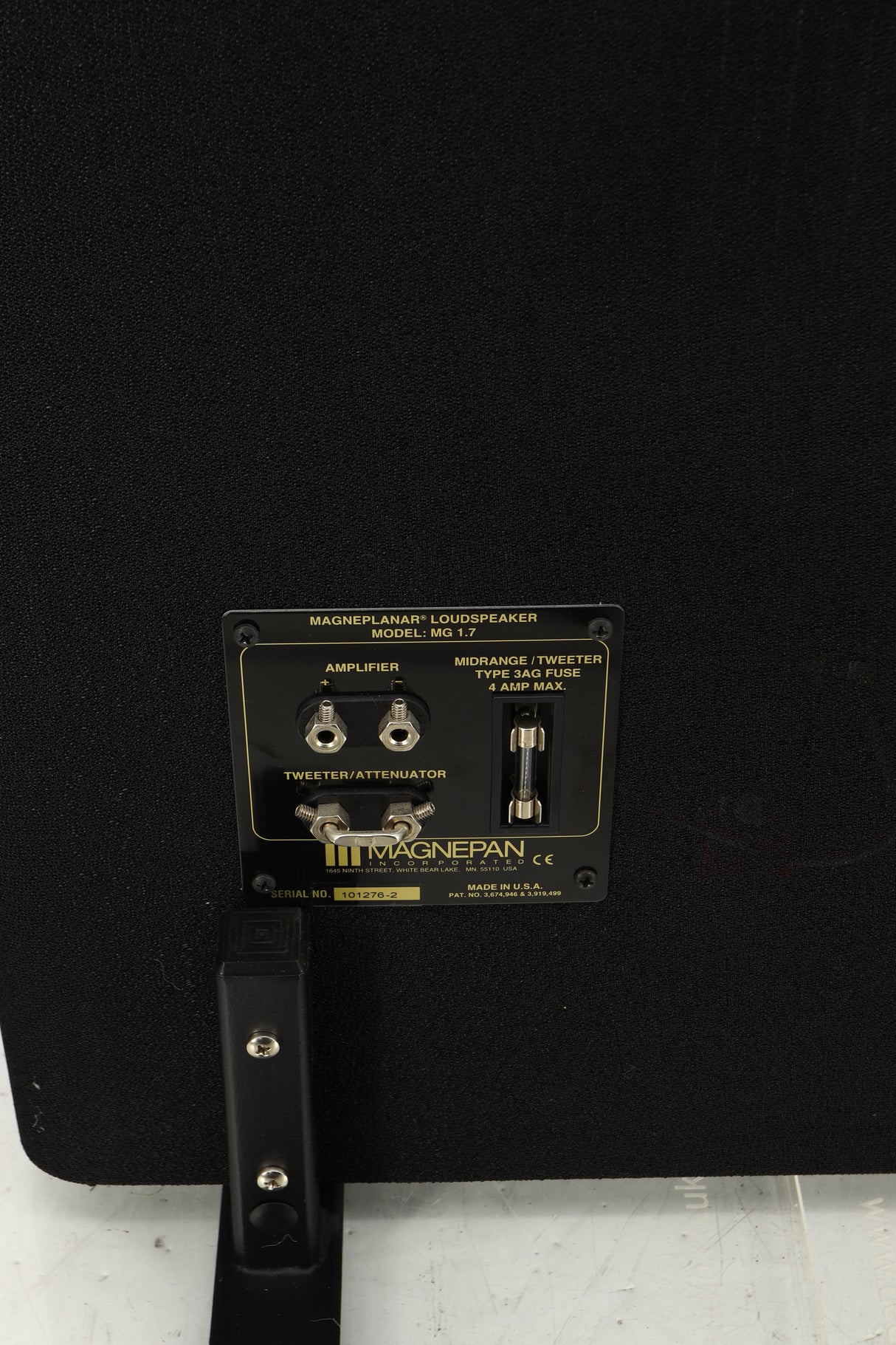 Close up view of a Magneplanar 1.7 Floorstanding Speaker in Black Wood Stiles / Black finish