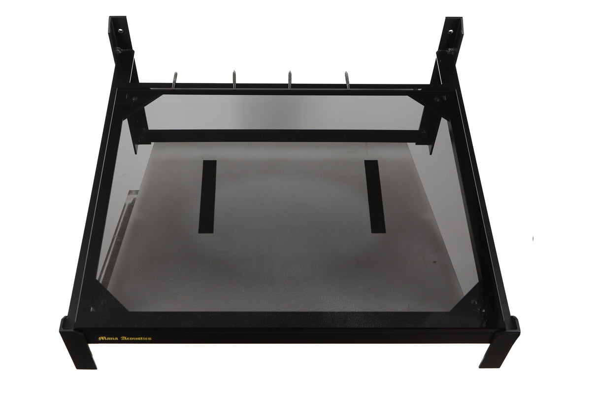 Top of a used Mana Sound Turntable Wall Shelf in a black finish showing 4x Screws