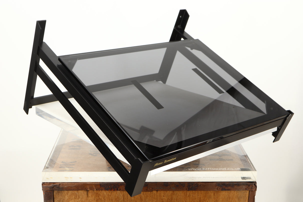 Front left corner of a used Mana Sound Turntable Wall Shelf in a black finish