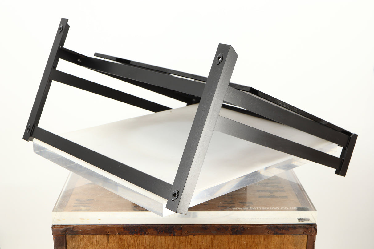 Rear left corner of a used Mana Sound Turntable Wall Shelf in a black finish
