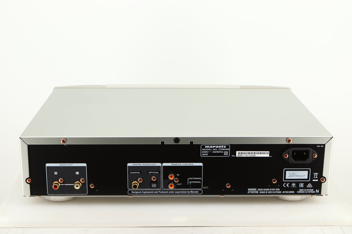 Rear view of a used Marantz CD6006 UK Edition CD Player in a silver finish showing Mains Input, Phono Input and Phono Outputs