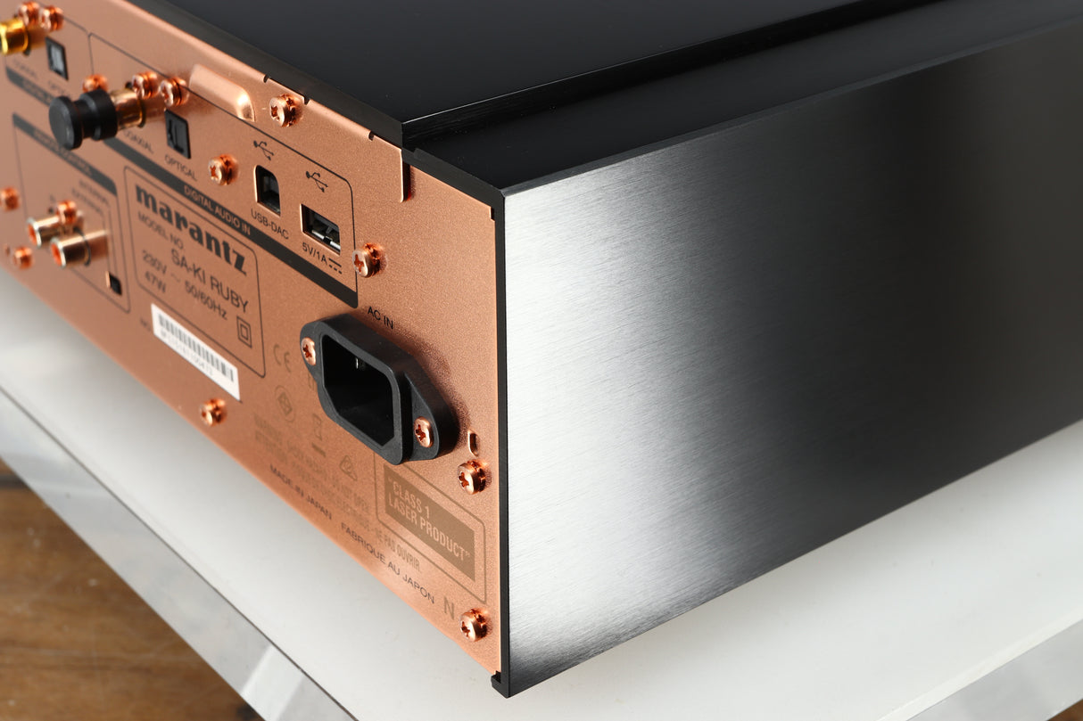 Rear left corner of a used Marantz KI Ruby Limited Edition SACD Player in a black finish